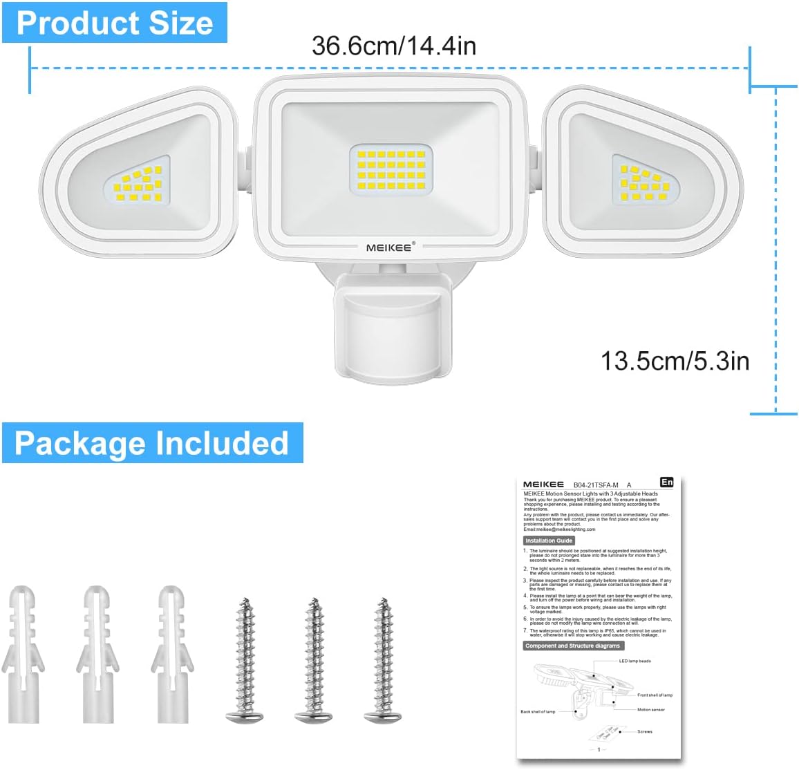 MEIKEE 42W LED Security Lights Motion Sensor Light Outdoor Flood Light, 3600LM 6500K IP66 Waterproof, 3 Adjustable Heads Motion Detector Lights for Outside Garage Yard Garden Porch Entryways
