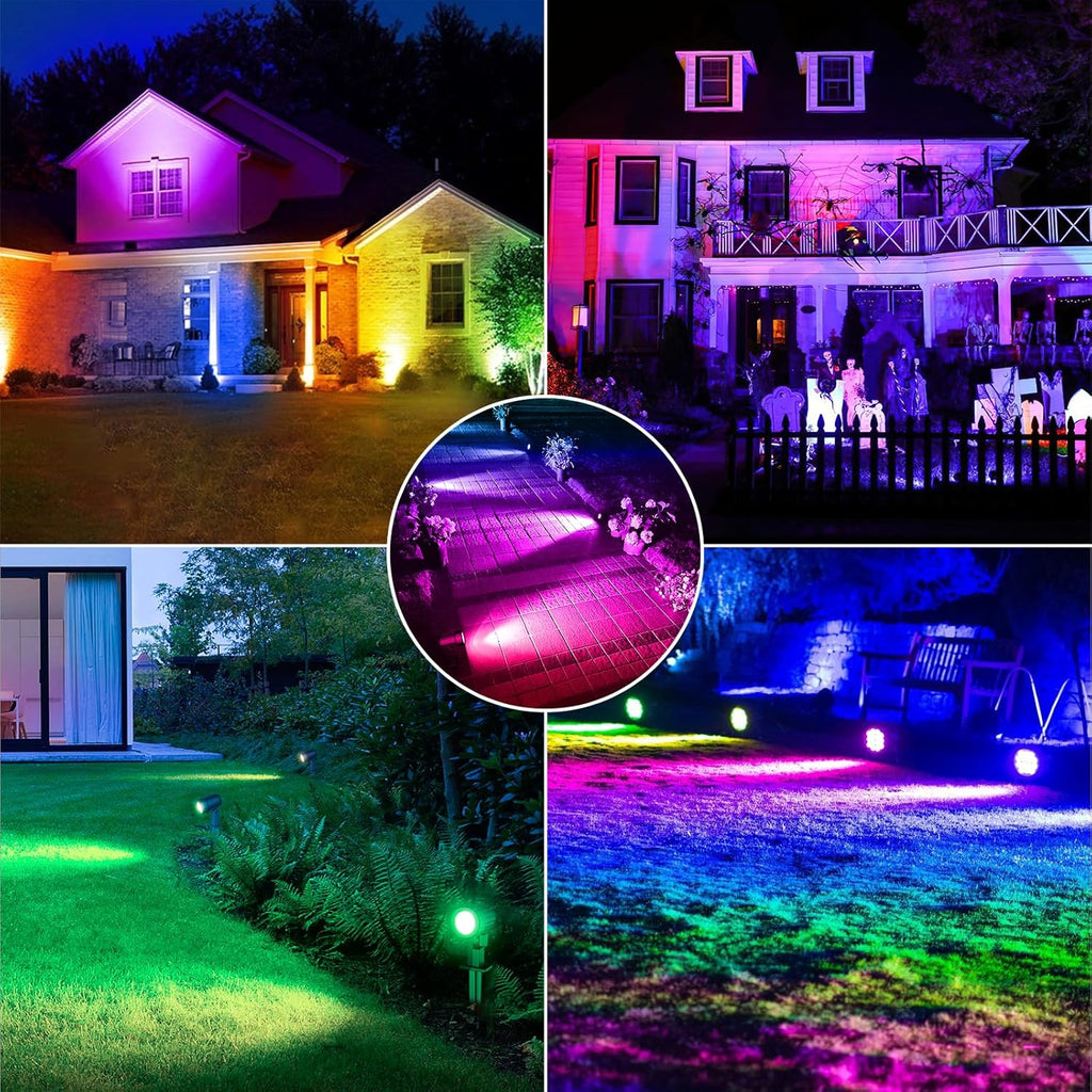 MEIKEE Solar 6 in 1 RGB Spotlights Outdoor Garden, 10 Colors 12 Modes Solar Garden Floodlight Landscape Spotlights IP66 Waterproof 59.06ft Cable Spike Light for Lawn, Patio, Balcony
