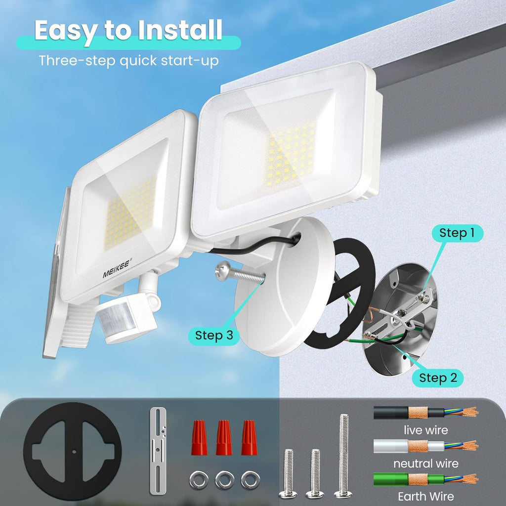 MEIKEE 100W LED Flood Lights Motion Sensor Light Outdoor, 9600lm 6500K Daylight White, IP65 Waterproof, 3 Adjustable Heads, Auto Dusk to Dawn Security Lighting for Garage, Yard, Porch, Driveway