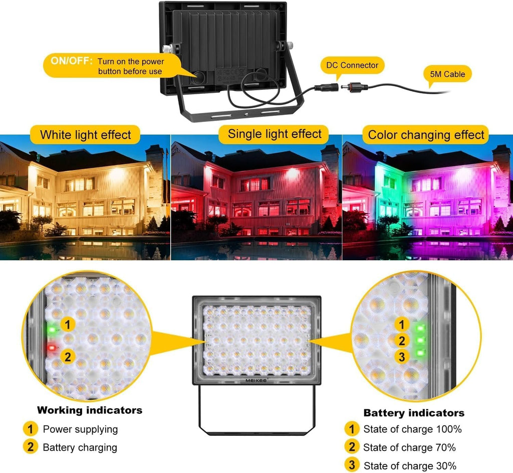 MEIKEE RGBW Solar Flood Light Outdoor, RGB Color Changing 2700K IP66 Waterproof LED Solar Powered Lights, Dimmable Timing Strobe Christmas Halloween Landscape Lighting for Patio Party Garden