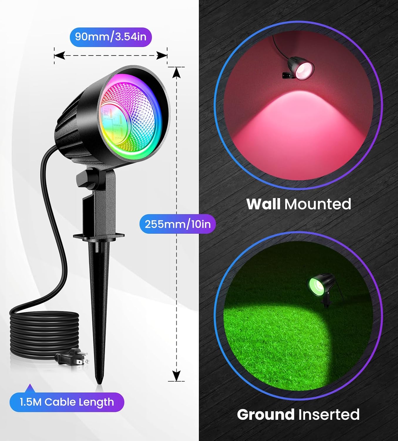 MEIKEE 15W RGB Color Changing Landscape Lighting 120V LED Landscape Lights with 4.9ft Cable IP66 Waterproof Outdoor Spot Lights for Garden Path Decoration