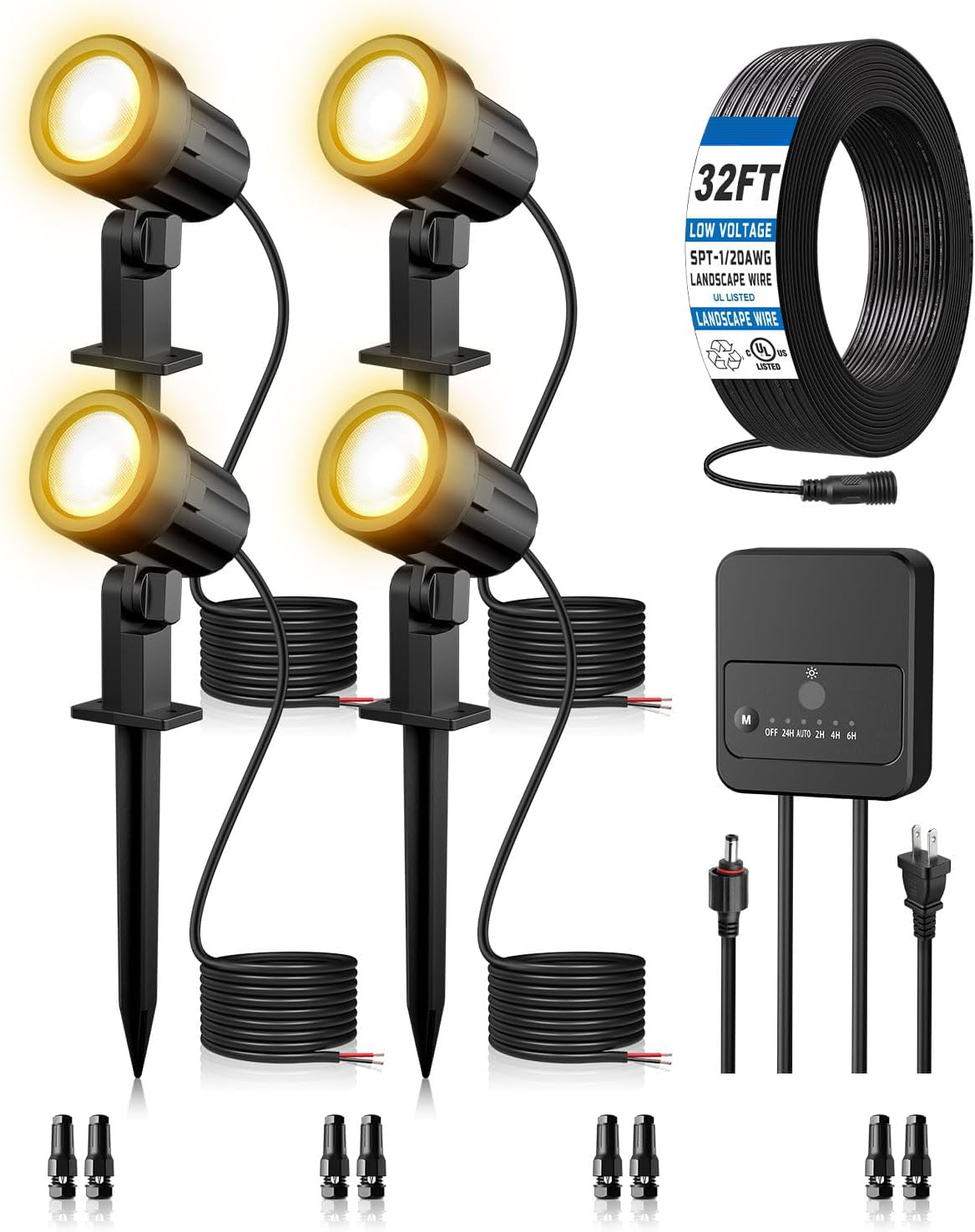 MEIKEE All-in-One Low Voltage LED Landscape Lighting Kit, 2700K Warm White Waterproof Spotlights with Transformer, Cable & Connectors for Garden, Yard, Trees & Outdoor Houses