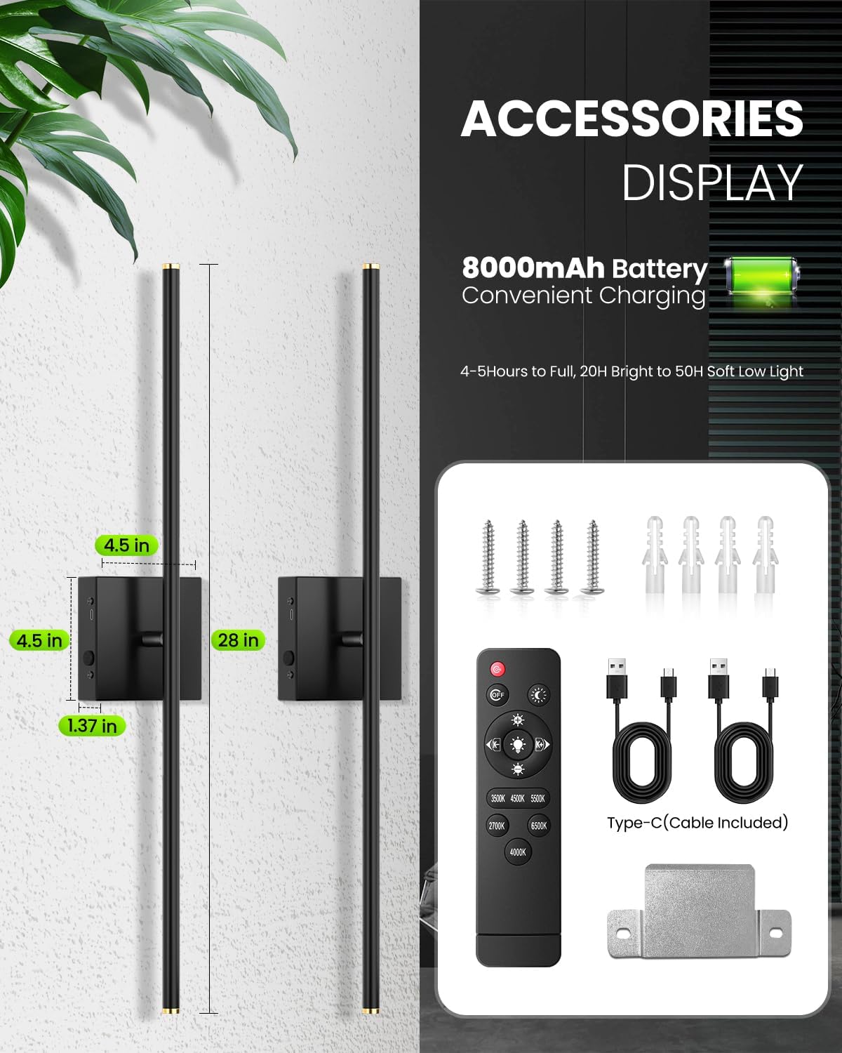 MEIKEE 2 Pack 28in Wireless Battery Wall Sconces, 10000mAh Rechargeable Remote Dimmable Wall Lights, 6 CCT 350° Rotatable Lamp for Bedroom Living Room Mirror Decor
