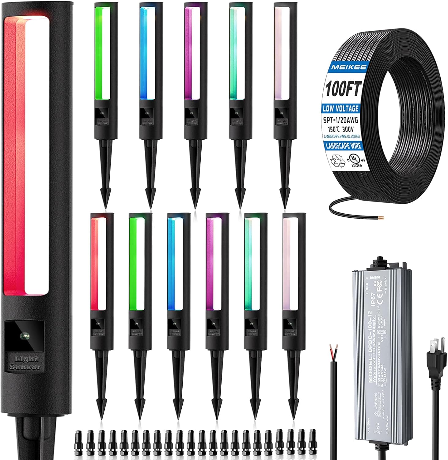 MEIKEE 5W RGB Low Voltage Path Lights 12-24V Color Changing Landscape Lights Auto On/Off Waterproof Outdoor Landscape Lighting with 100W Driver 100FT Cord for Garden Yard Pathway(12 Pack)