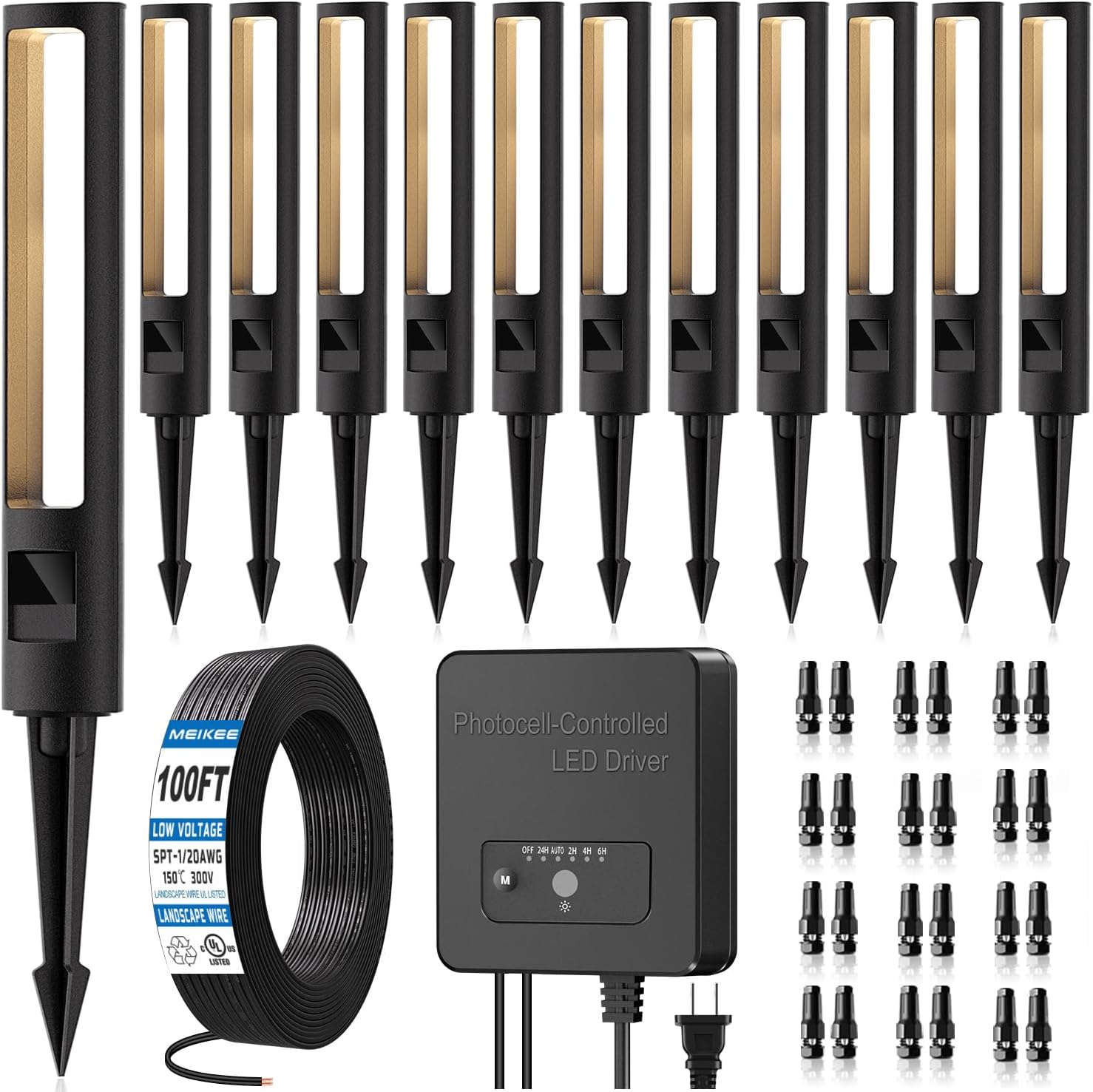 MEIKEE 5W RGB Low Voltage Path Lights 12-24V Color Changing Landscape Lights Auto On/Off Waterproof Outdoor Landscape Lighting with 100W Driver 100FT Cord for Garden Yard Pathway(12 Pack)